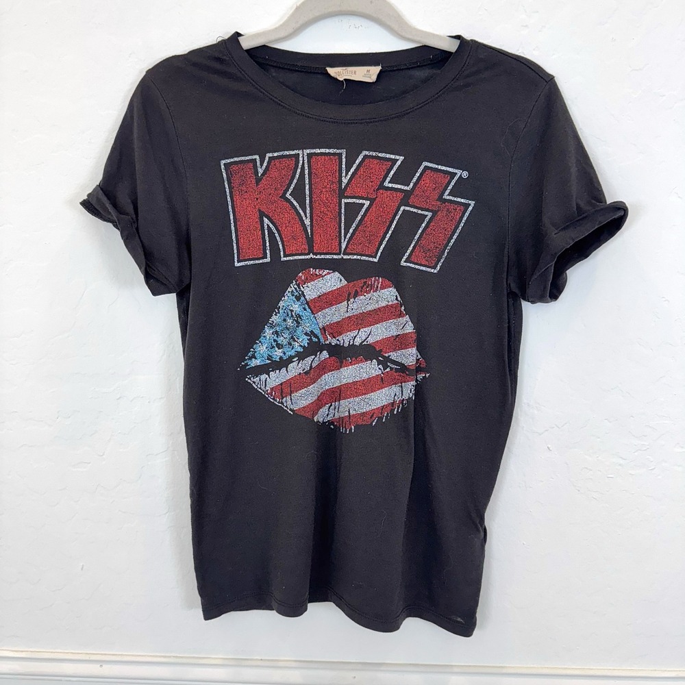 Hollister KISS Band American Flag Lips Graphic T Shirt Charcole Black Medium